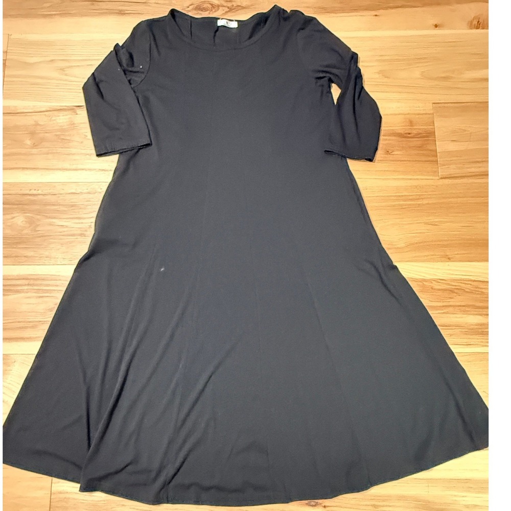 Ht A Line Dress Women XL Black 3/4 Sleeve Midi Scoop Neck Stretch Rayon Blend